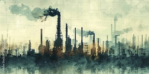 Clean graphic of an industrial skyline with a financial growth shadow, on an economic impact background, concept for the shadow effect of industry on economy.