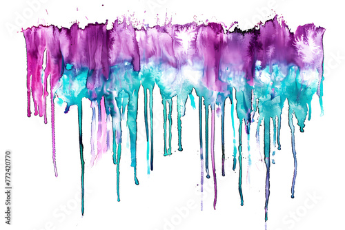 Violet and turquoise watercolor paint drip on transparent background.