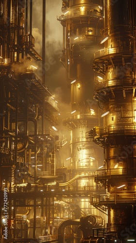 Intricate scifi refinery piping under the spell of moody, captivating lighting
