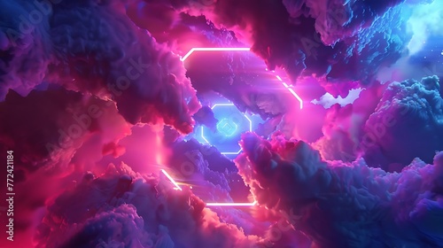 unique neon background with turbulent cloud and hexagonal casing shining with brilliant light photo