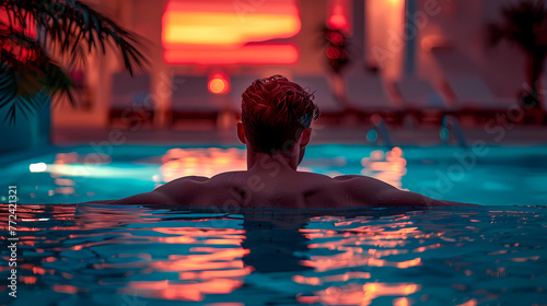 A man enjoying the luxury of a sunset swim in a serene resort pool setting