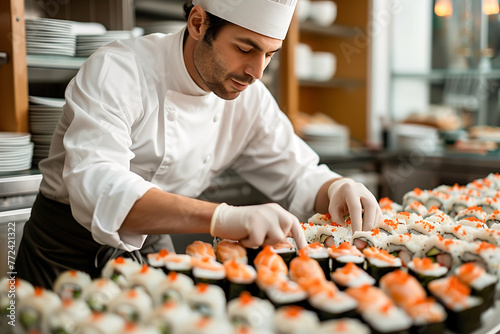 Chef preparing sushi, occupation, male, uniform, cooking