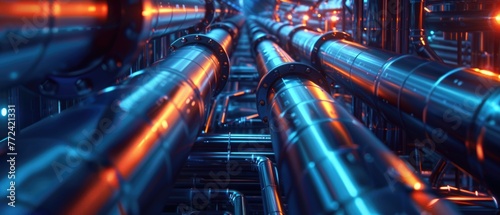 Closeup on scifi refinery pipes, glowing with moody, atmospheric lighting