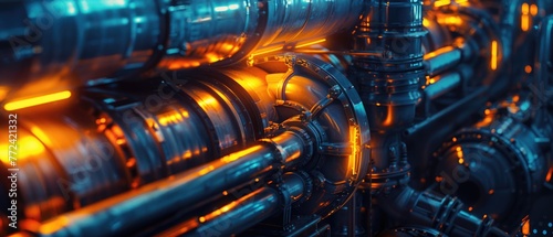 Closeup on scifi refinery pipes, glowing with moody, atmospheric lighting photo