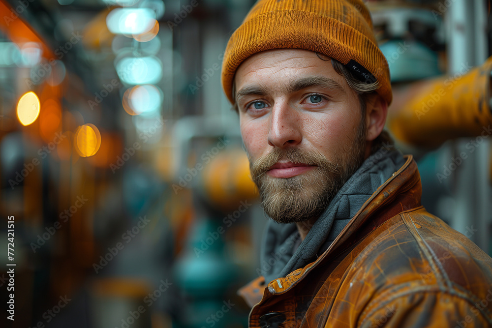 Bearded man in factory, white ethnicity, portrait, lifestyle, young adult
