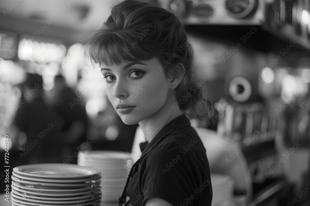 retro waitress in diner, adult, one person, woman, white ethnicity - obrazy, fototapety, plakaty 