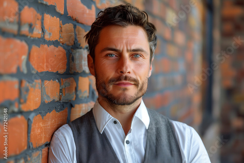 Man with beard and vest standing in front of brick wall, white ethnicity, young adult, confidence, lifestyle