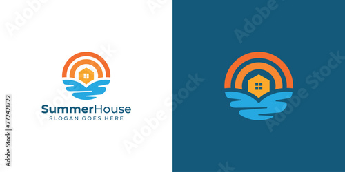 Creative Simple Summer House Logo. Sun Beach and Home, Resort with Modern Minimalist Style. Holiday Logo Icon Symbol Vector Design Inspiration.