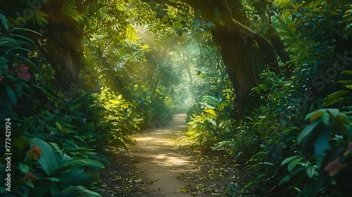 Nature background of dreamy fairy tale and beautiful jungle forest pedestrian footpath alley way place for walking