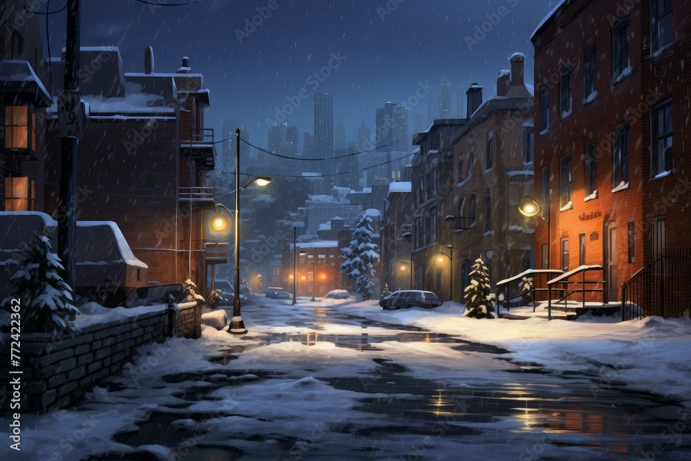 Serene Snowy city night street. Town scene. Generate Ai