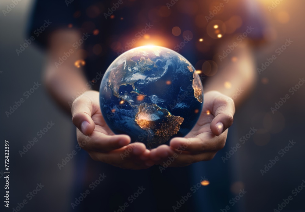 Fototapeta premium A man holding the earth in his hands symbolizes global concern for the environment and support for all mankind, an illustration for Earth Day