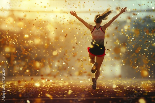 A young athlete runs on an open treadmill at the stadium, celebrating the victory in the race and golden confetti falls around her photo