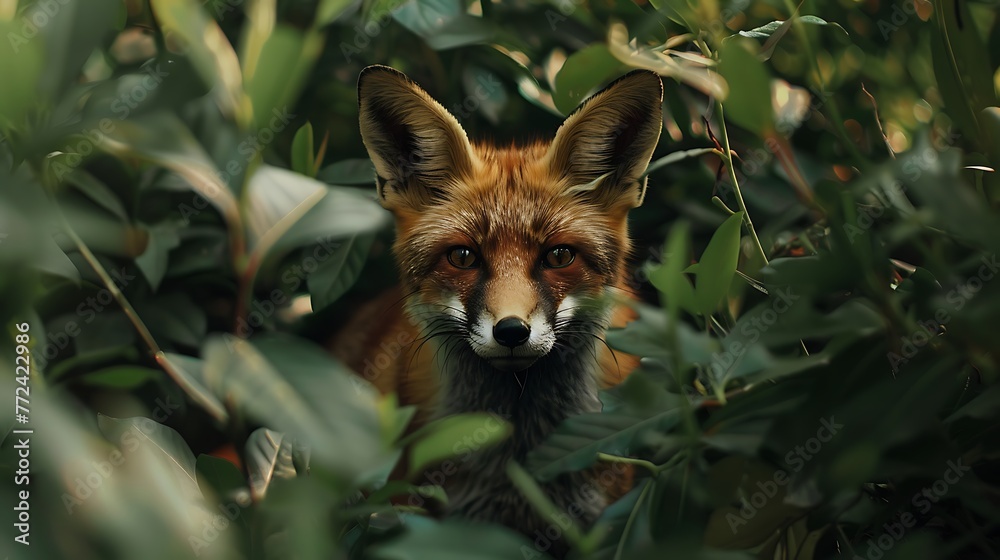 Fototapeta premium Portrait of curious red fox hiding in the bush