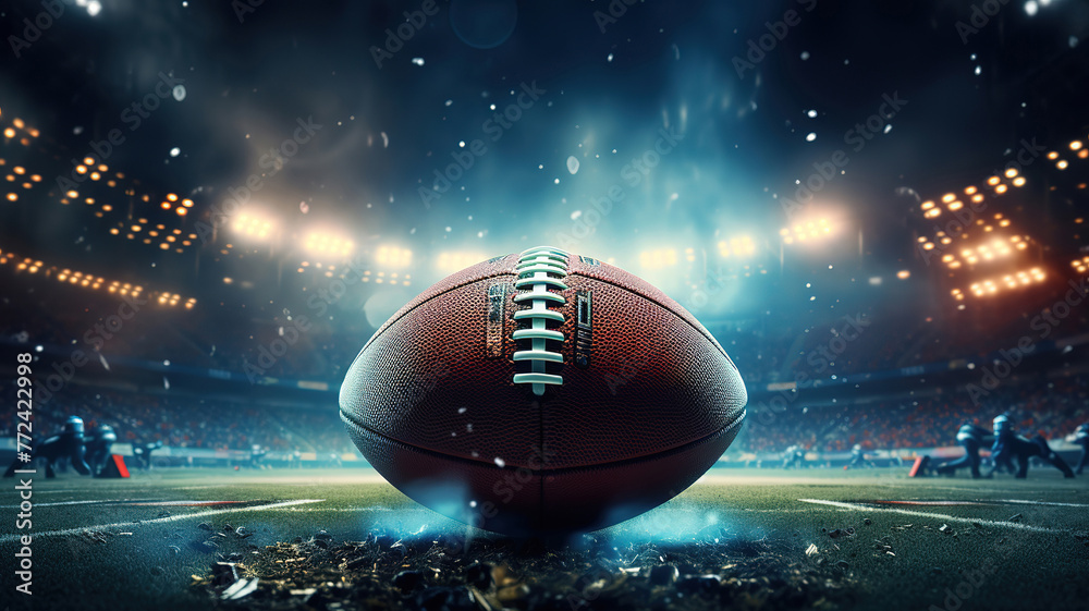 Night football arena in lights and flashes with american football ball Night football arena in lights and flashes with american football ball