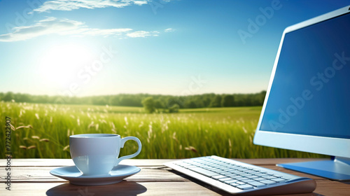 Computer on a desk with a white mug ,Computer with a image on screen of summer grass and clear blue skies, on a glass topped  , Generate AI