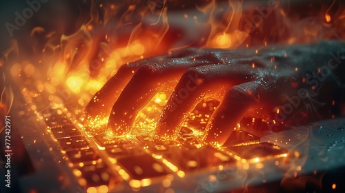 Close-up of human hands typing on a laptop keyboard with sparks and fire