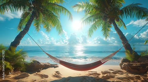 Relaxing hammock tied between two palm trees on a sunny beac photo