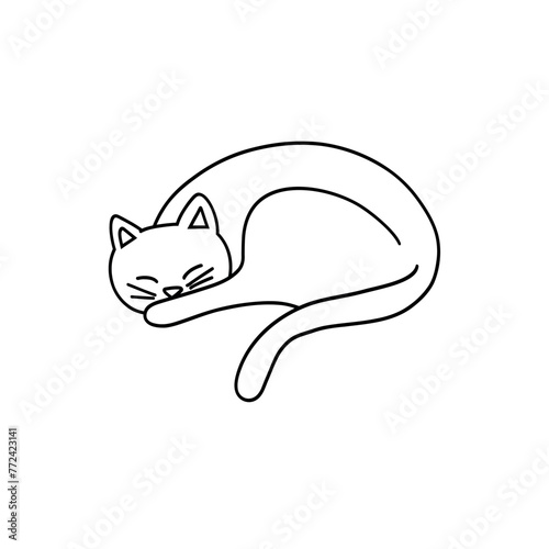 Cute cat sleeping on his back sketch engraving vector illustration. T-shirt apparel print design. Scratch board imitation. Black and white hand drawn image.
