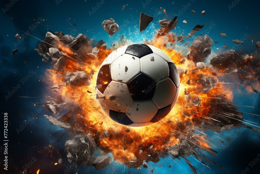 Fototapeta premium Explosive Soccer ball explosion sport. Art light. Generate Ai