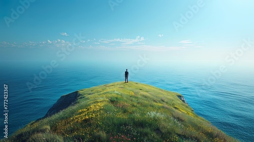 At the edge of the world, where the sky meets the sea in a breathtaking horizon, a lone figure s