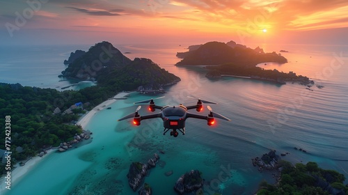 Drone Flying Over Tropical Island at Sunset