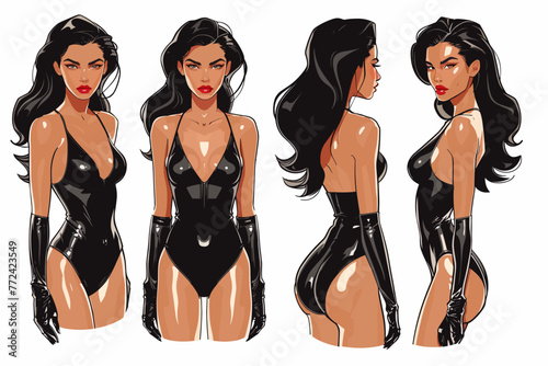 Beautiful sexy woman in black latex body suit. Vector illustration