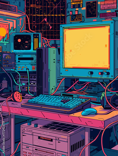 Colorful vector illustration of a computer room with monitors and computers