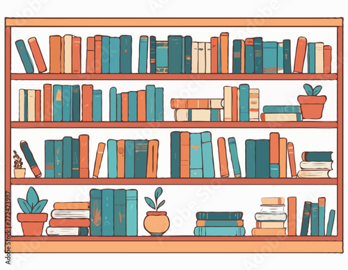 Interior bookshelves. Store shelves with books and vintage elements, poems and dictionaries, short stories and poetry, hand drawn things organization, tidy vector cartoon flat set