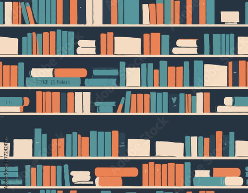 Interior bookshelves. Store shelves with books and vintage elements, poems and dictionaries, short stories and poetry, hand drawn things organization, tidy vector cartoon flat set