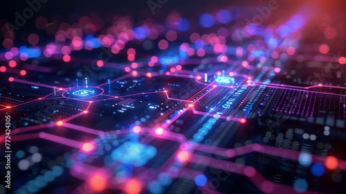 Vibrant Lights on Computer Circuit Board © Prostock-studio