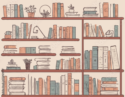 Interior bookshelves. Store shelves with books and vintage elements, poems and dictionaries, short stories and poetry, hand drawn things organization, tidy vector cartoon flat set