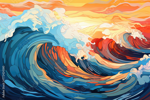 A painting of a wave with a sunset in the background. The colors are vibrant and the brushstrokes are bold, creating a sense of movement and energy. The wave appears to be crashing against the shore