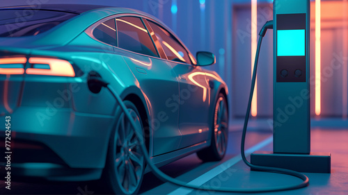 Power supply connected to electric vehicle charge battery. EV charging station for electric car or Plug-in hybrid car. Automotive innovation and technology concepts. Generative Ai