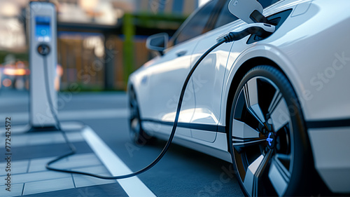Power supply connected to electric vehicle charge battery. EV charging station for electric white car or Plug-in hybrid car. Automotive innovation and technology concepts. Generative Ai