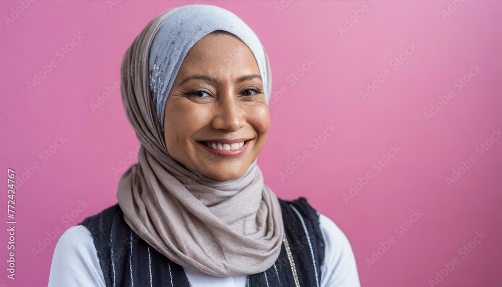 Middle-aged woman cancer patient wearing headscarf and smiling on pink background Middle-aged woman cancer patient wearing headscarf and smiling on pink background