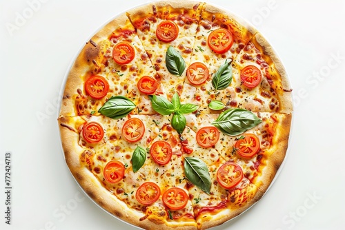 Sliced vegetarian pizza with cheese and tomatoes isolated on white background, top view.