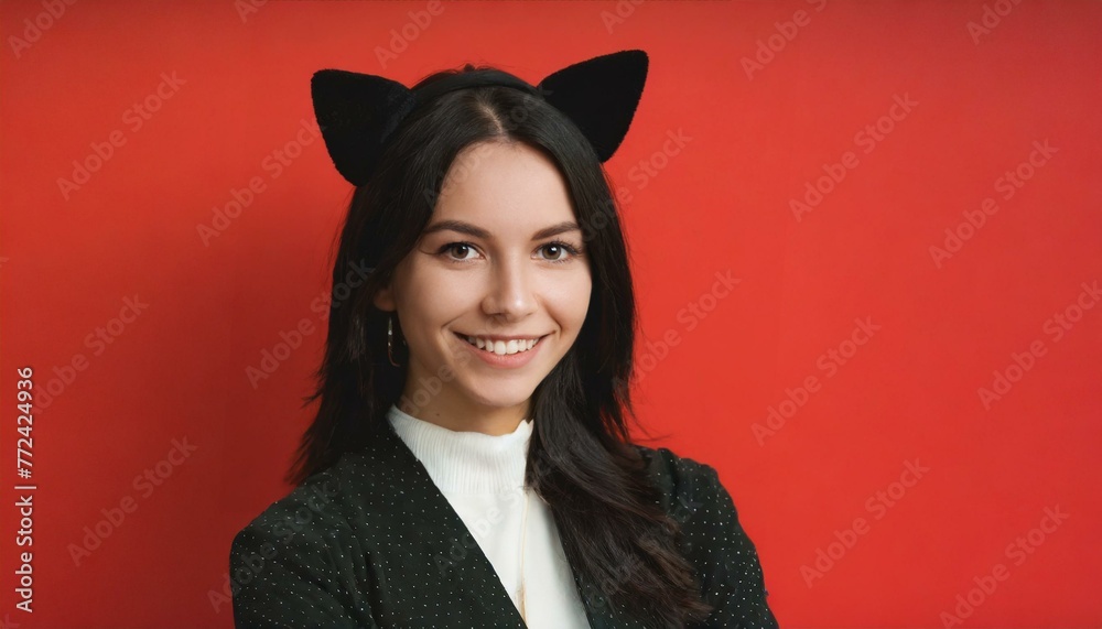Portrait of happy beautiful young woman with black cat ears isolated on red background with copy spac Portrait of happy beautiful young woman with black cat ears isolated on red background with copy spac