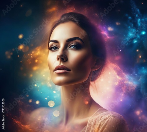 Portrait of a beautiful woman against the background of the starry sky, collage. Illustration by Generative AI.