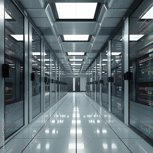 A futuristic  high tech modern data center structured to sustain the demand for the new AI distributed computing generation