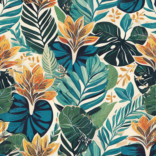 Seamless pattern floral. Pattern textile tropical bicolor faces flower leaves. Tropical illustration