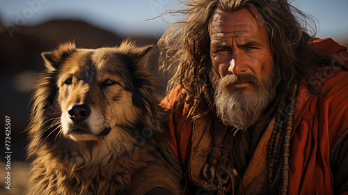 16:9 photo Traveler man or native and his dog or wolf © jkjeffrey