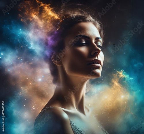 Portrait of a beautiful woman against the background of the starry sky, collage. Illustration by Generative AI.