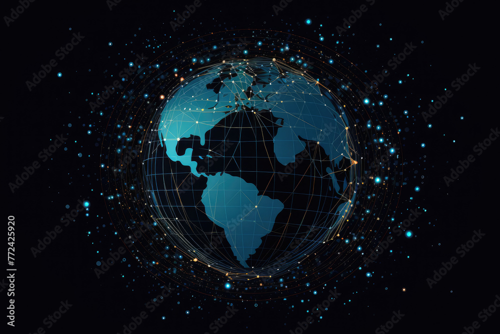 A blue planet with a lot of stars surrounding it. The stars are connected to the planet by a web of lines A blue planet with a lot of stars surrounding it. The stars are connected to the planet by a web of lines