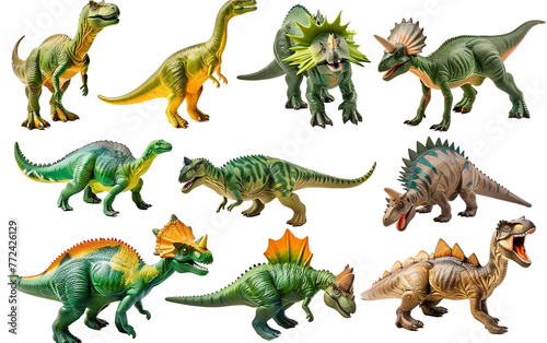 Authentic Toy Dinosaur Collection Isolated On Transparent Background PNG.