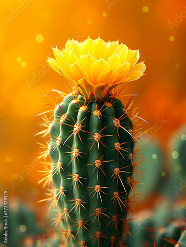  Cactus with yellow flowers in pot isolated on orange background. Close up. © Виктория Дутко