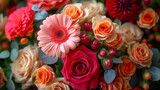 Beautiful bouquet of roses and gerberas, closeup