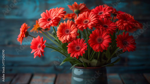 Bouquet of red gerbera flowers in vase on wooden background
