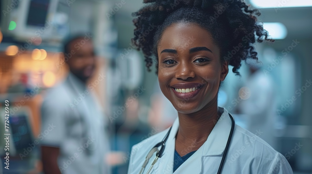 A portrait of happy African American female doctor in a hospital A portrait of happy African American female doctor in a hospital