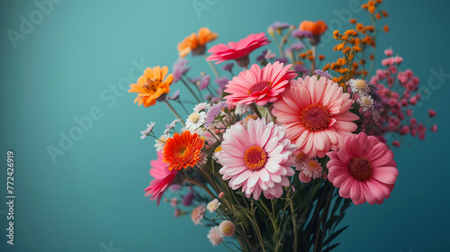 Bouquet of colorful gerbera flowers on blue background.