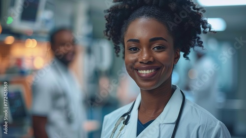 A portrait of happy African American female doctor in a hospital